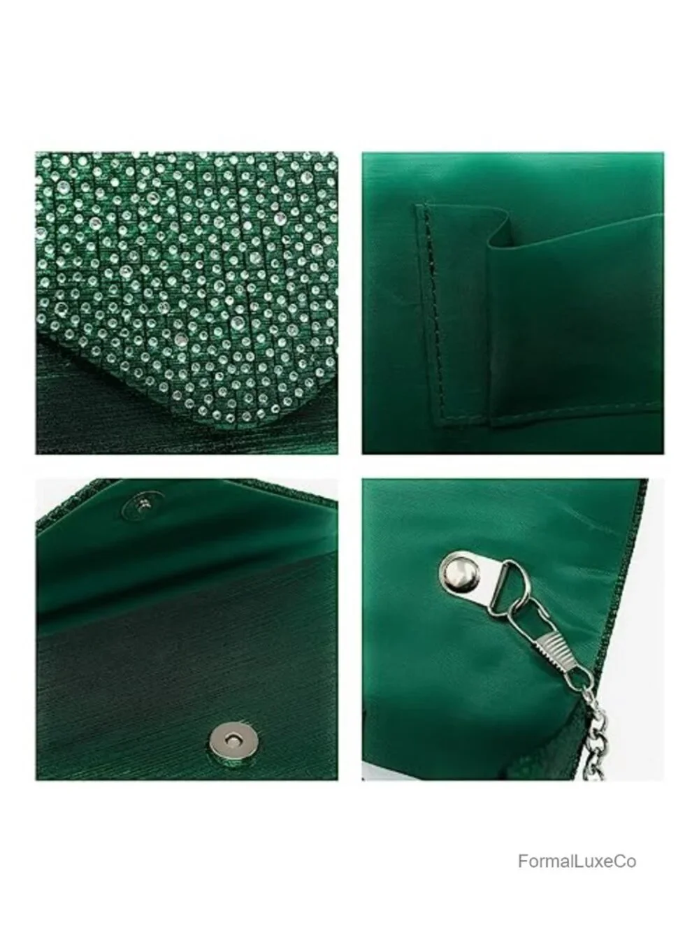 Satin Envelope Evening Clutch Rhinestone Party Purse Detachable Chain